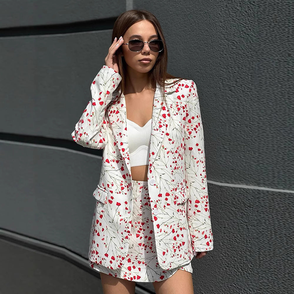 Damen Florales Blazer- und Minirock-Set aus strukturierter Baumwollmischung Nord Taschen