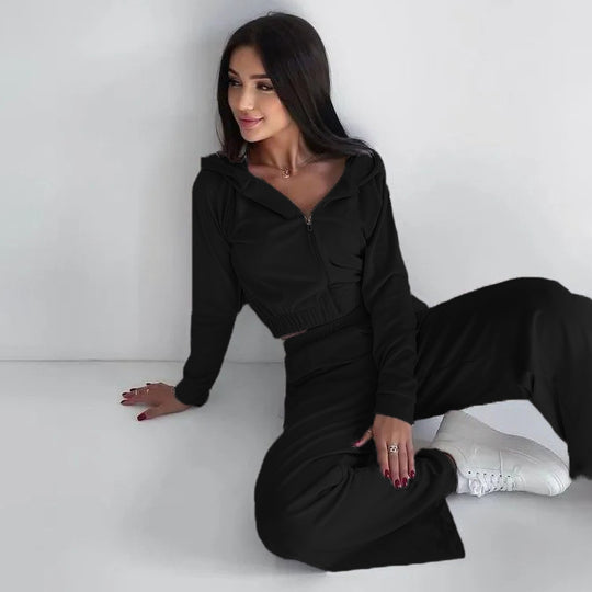 Damen Cropped Velours-Loungewear-Set mit Reißverschluss, Kapuze und High-Waist Jogpant Nord Taschen