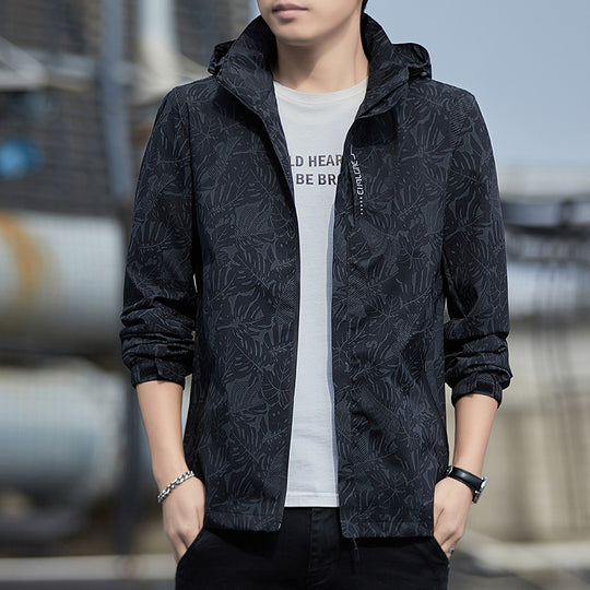 Herren leichte Kapuzen-Windjacke mit floralem Alloverprint, wasserabweisender Shell und elastischen Bündchen Nord Taschen