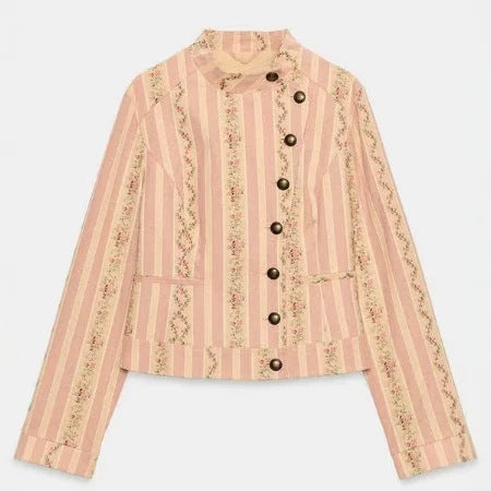 Damen Cropped Blazerjacke im Vintage‑Streifen‑Look mit Stehkragen und asymmetrischer Knopfleiste Nord Taschen