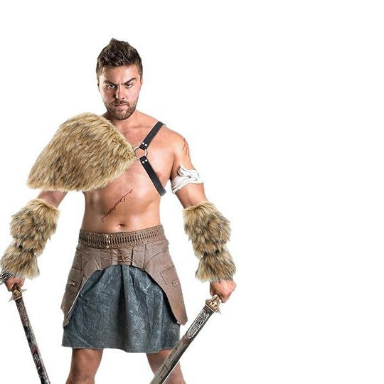 Herren Kriegerisches Kostüm‑Accessoire‑Set aus Kunstpelz mit Schulterbehang, Armschützern und verstellbarem Leder‑Harness Nord Taschen