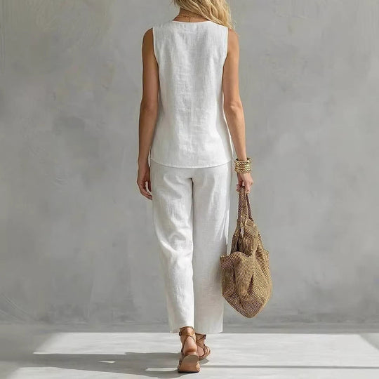 Damen Lässiges zweiteiliges Set mit ärmelloser Bluse und modischen Hosen Nord Taschen