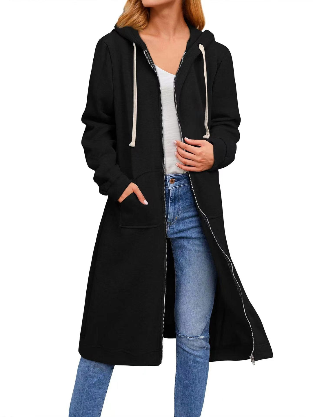 Damen lange Kapuzenjacke mit Reißverschluss und praktischen Taschen