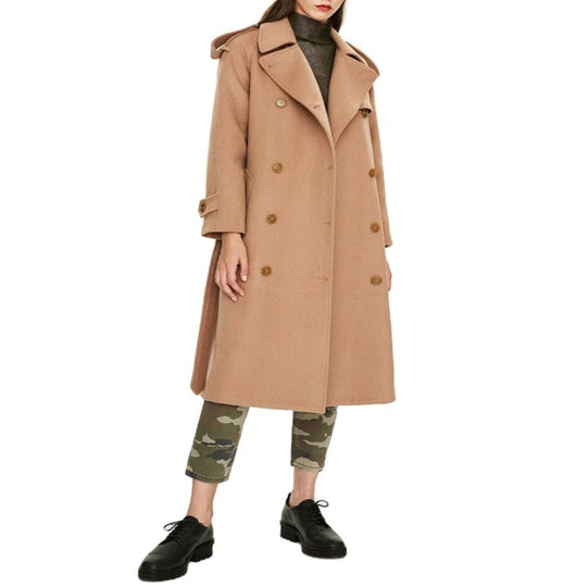 Damen Midilanger Doppelreihiger Wollmix‑Trenchcoat mit Epauletten und Taillengürtel Nord Taschen