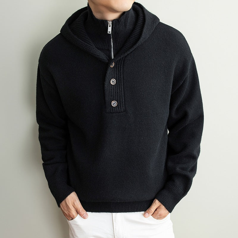Herren Feinstrick-Kapuzenpullover mit halbem Reißverschluss und Knopfblende Nord Taschen
