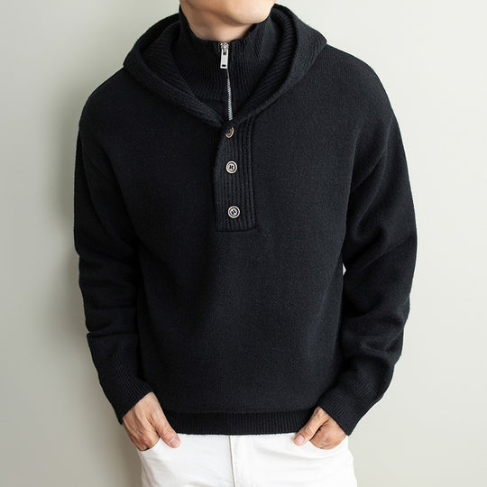 Herren Feinstrick-Kapuzenpullover mit halbem Reißverschluss und Knopfblende Nord Taschen