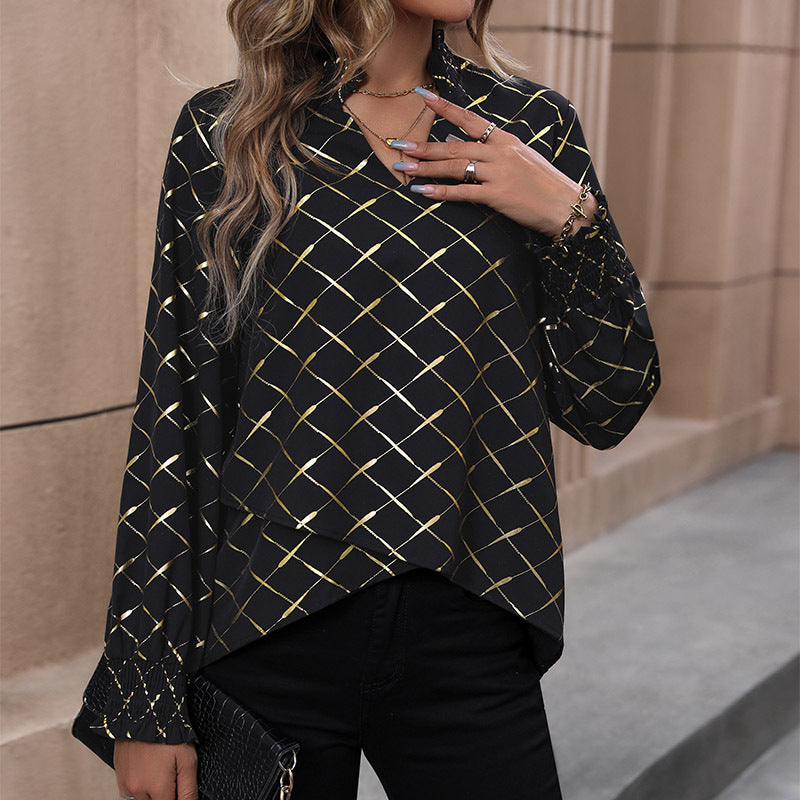 Damen Elegante Bluse mit geometrischem Muster und Rüschen Nord Taschen