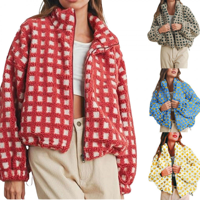 Damen Kurz geschnittene Sherpa Fleecejacke mit geometrischem Muster und Kordelzug Nord Taschen