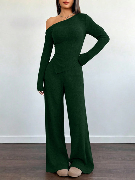 Damen Asymmetrisches Strick-Lounge-Set mit One-Shoulder-Oberteil und weitem Bein Nord Taschen
