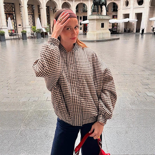 Damen Oversize karierte Bomberjacke mit Stehkragen und verdeckter Druckknopfleiste Nord Taschen