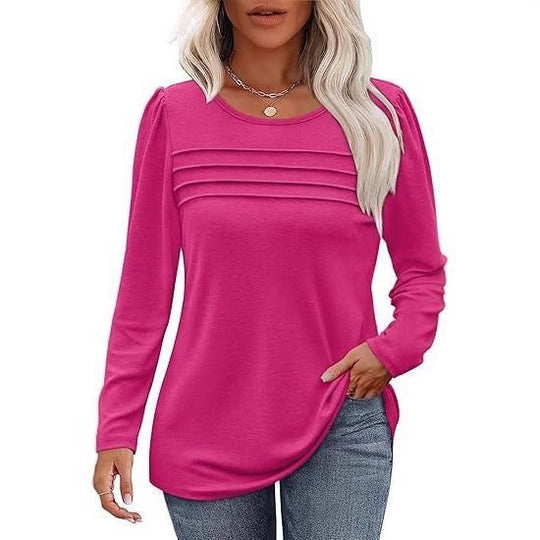 Damen Feines Langarmshirt mit Rundhalsausschnitt, dekorativen Kellerfalten und leicht taillierter A‑Linie Nord Taschen