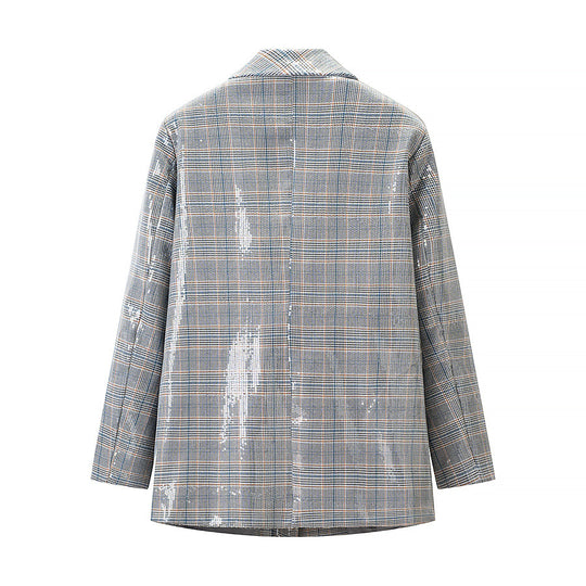 Damen Zweiteiliges Glencheck-Blazer- und Weite-Hosen-Set mit metallischem Glanz Nord Taschen