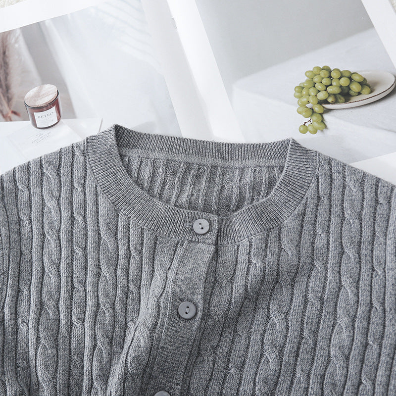 Damen Feiner Zopfmuster-Cardigan mit Rundhals und durchgehender Knopfleiste Nord Taschen