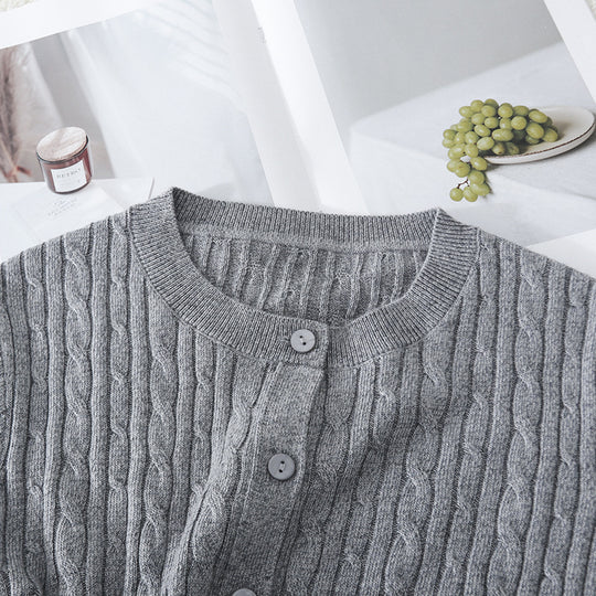 Damen Feiner Zopfmuster-Cardigan mit Rundhals und durchgehender Knopfleiste Nord Taschen