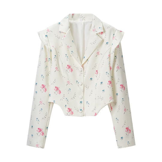 Damen Kurzblazer mit floraler Allover‑Print, taillierter Silhouette und dekorativen Schulterdetails Nord Taschen