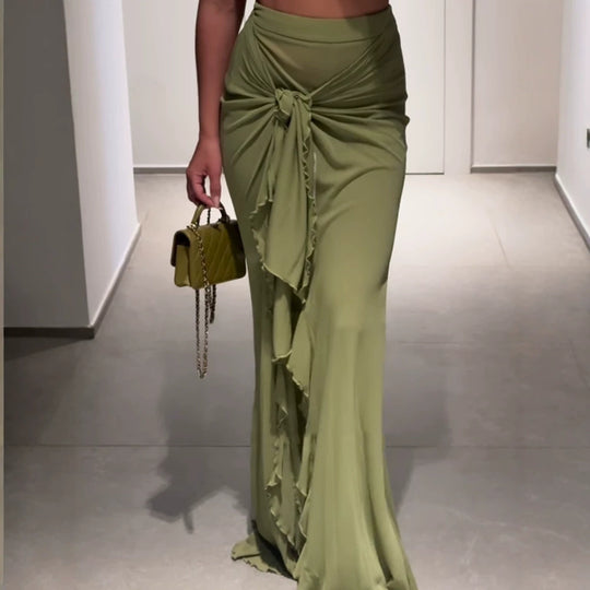 Damen Hochtaillierter Maxi-Rock mit asymmetrischer Raffung, Knotendetail und Volant-Schlitz Nord Taschen