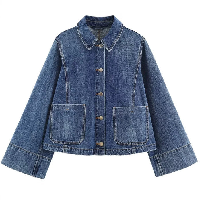 Damen Kurzer Boxy-Jeansblouson mit oversized Manschetten und aufgesetzten Taschen Nord Taschen