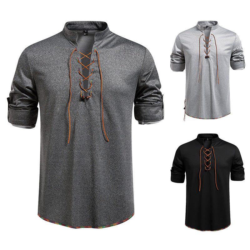 Herren Lässiges Baumwoll-Langarmshirt mit Schnürung, Stehkragen und aufkrempelbaren Ärmeln Nord Taschen