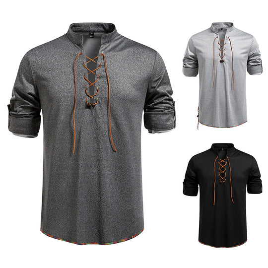 Herren Lässiges Baumwoll-Langarmshirt mit Schnürung, Stehkragen und aufkrempelbaren Ärmeln Nord Taschen