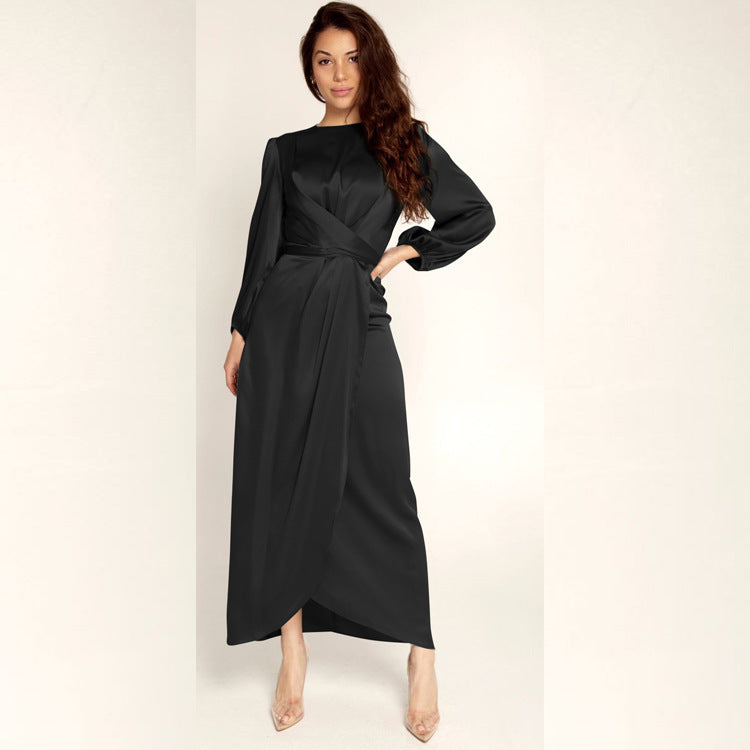 Damen Elegantes Maxikleid aus Satin mit Wickel-Detail, Langarm und Taillenband Nord Taschen