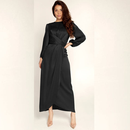 Damen Elegantes Maxikleid aus Satin mit Wickel-Detail, Langarm und Taillenband Nord Taschen