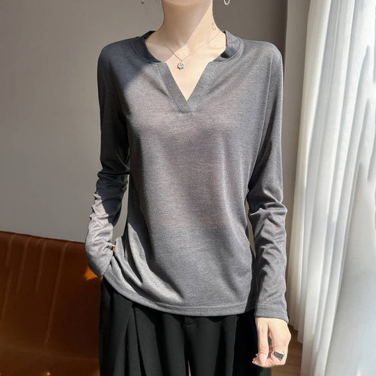 Damen Langärmliges Feinstrickshirt mit geschlitztem V-Kragen Nord Taschen