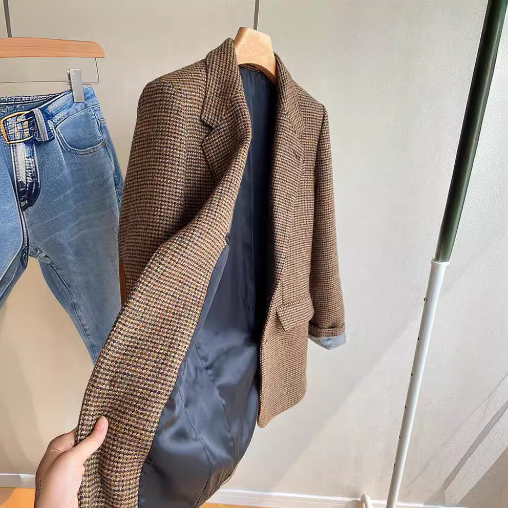 Damen Oversize-Tweed-Blazer mit Ellbogen-Patches, Pattentaschen und kastiger Silhouette Nord Taschen