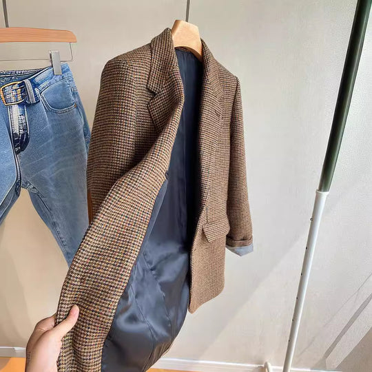 Damen Oversize-Tweed-Blazer mit Ellbogen-Patches, Pattentaschen und kastiger Silhouette Nord Taschen
