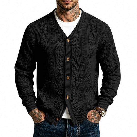 Herren strukturierter Strickcardigan mit Zopfmuster, V-Ausschnitt und aufgesetzten Taschen Nord Taschen