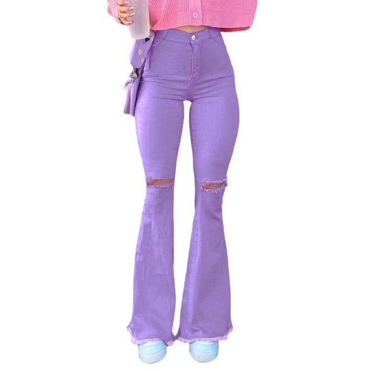 Damen Hochgeschnittene Stretch-Flared-Jeans mit Knieausriss, ausgestelltem Bein und rohem Saum Nord Taschen