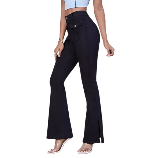 Damen High-Waist Schlaghose aus Stretch-Denim mit Taschenklappen und Frontschlitz Nord Taschen