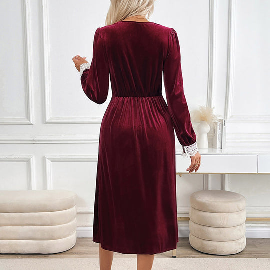 Damen Samt-Midikleid mit Spitzendekor, V Ausschnitt und taillierter Empire Silhouette Nord Taschen