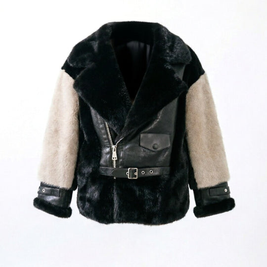Damen Kurzjacke im Aviator‑Stil aus Lammfellimitat mit Kontrastärmeln Nord Taschen