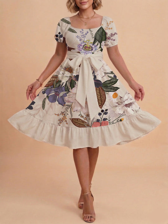 Damen Sommerliches Blumenkleid mit taillierbarem Gürtel und voluminösen Ärmeln