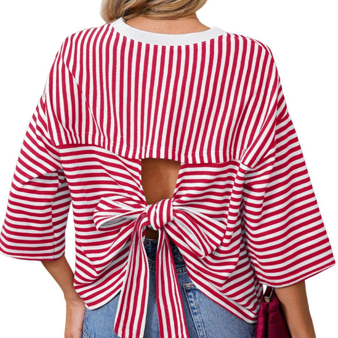 Damen Gestreiftes Oversize-Shirt mit Rückenausschnitt und Schleifenbindung Nord Taschen
