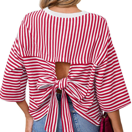 Damen Gestreiftes Oversize-Shirt mit Rückenausschnitt und Schleifenbindung Nord Taschen