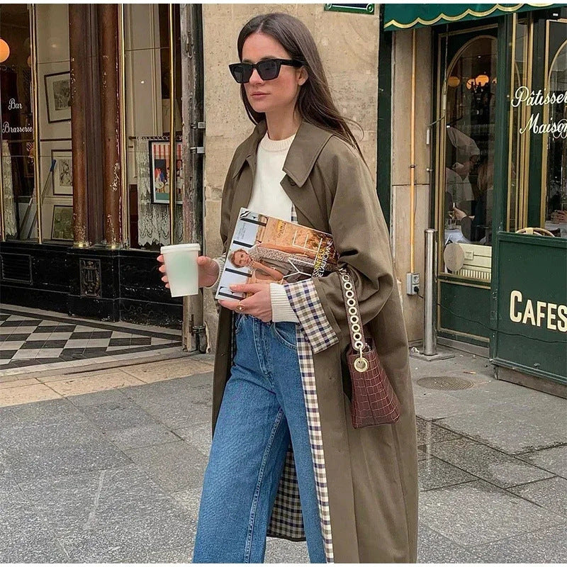 Damen 400+ lang geschnittener Trenchcoat mit Raglanärmeln und verdeckter Knopfleiste Nord Taschen
