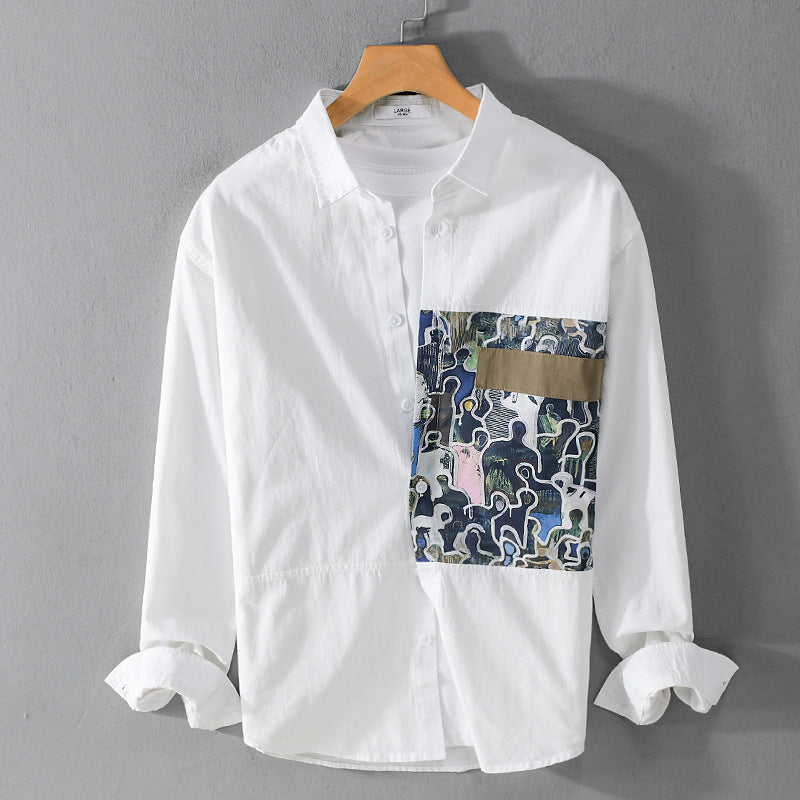 Herren Baumwollhemd mit großem Kunst-Print-Brustpatch und Kentkragen Nord Taschen