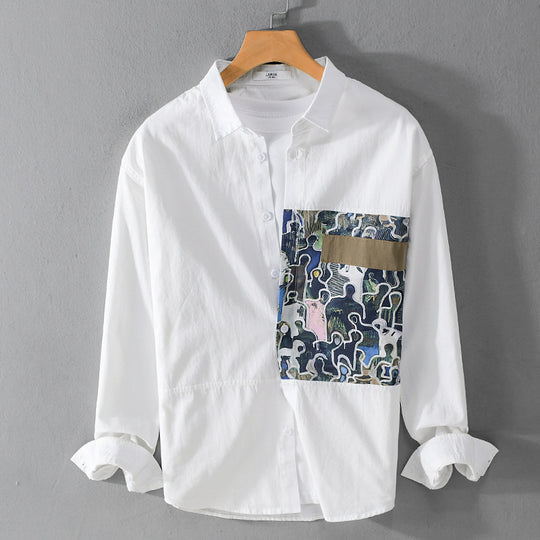 Herren Baumwollhemd mit großem Kunst-Print-Brustpatch und Kentkragen Nord Taschen