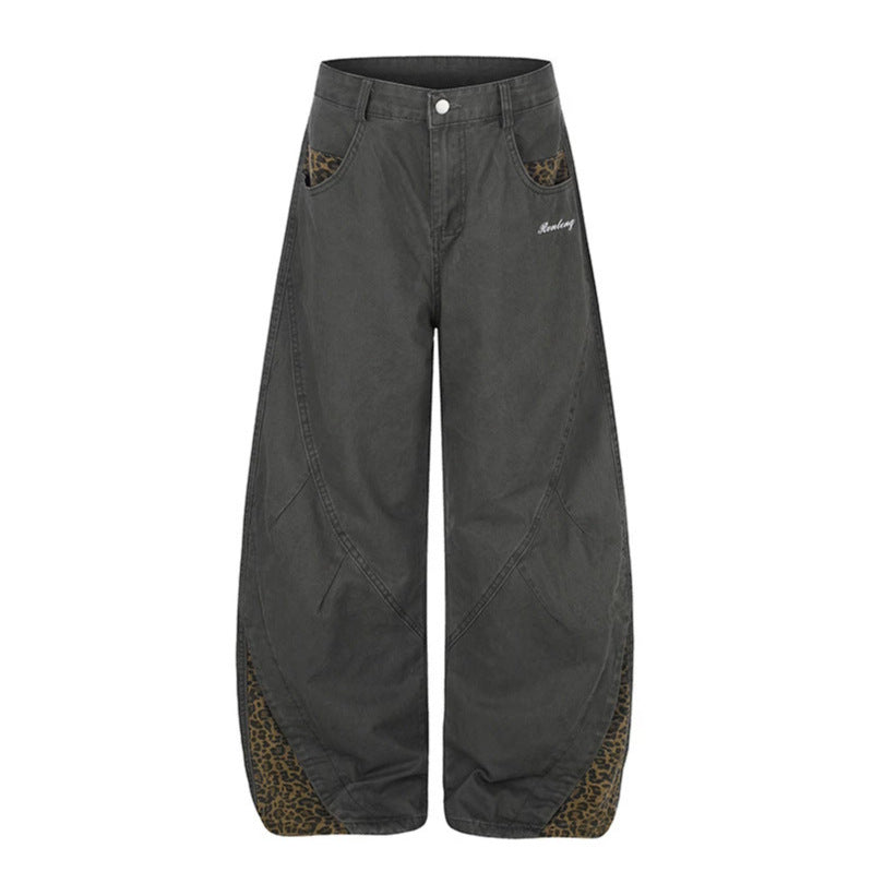 Damen Weite High‑Waist Palazzo-Jeanshose mit Leopardeinsätzen und Eingrifftaschen Nord Taschen