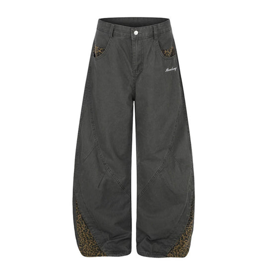 Damen Weite High‑Waist Palazzo-Jeanshose mit Leopardeinsätzen und Eingrifftaschen Nord Taschen
