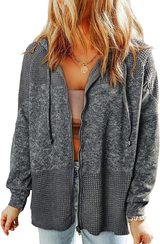 Damen Lässige Oversize-Kapuzenjacke mit Strukturstrick-Einsätzen und Reißverschluss Nord Taschen
