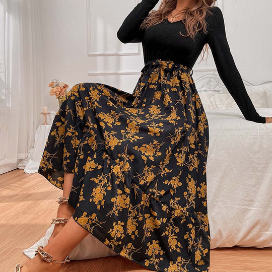 Damen figurbetontes V-Neck-Longsleeve Oberteil mit voluminösem Midi-Rock im floralem Wickelstil Nord Taschen