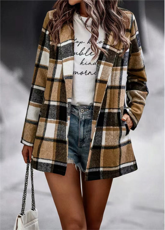 Damen Kariertes Longblazer‑Shacket ohne Kragen, offen geschnitten Nord Taschen