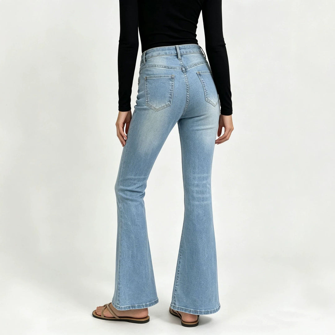 Damen hochgeschnittene Jeans mit schmaler Hüftpartie und weitem Schlag mit elastischem Bund Nord Taschen