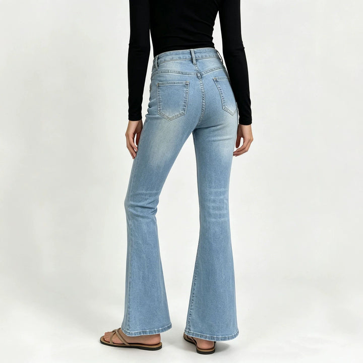 Damen hochgeschnittene Jeans mit schmaler Hüftpartie und weitem Schlag mit elastischem Bund Nord Taschen