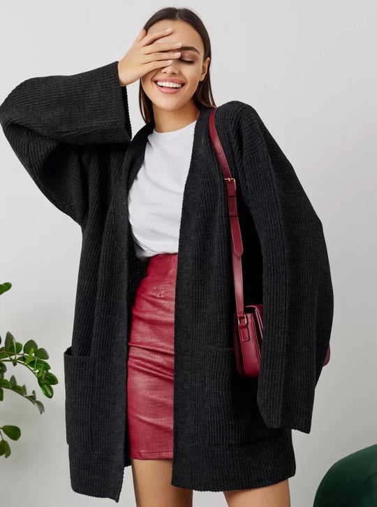 Damen kuscheliger langer Strickcardigan mit weiten Ärmeln und praktischen Taschen Nord Taschen