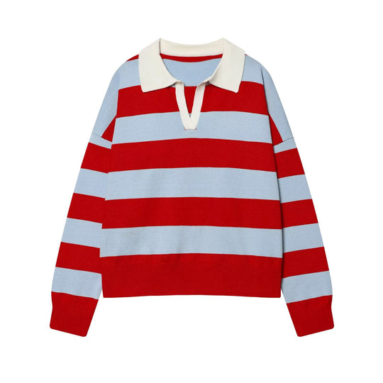Damen Gestreifter Rugby-Polo-Pullover mit V-Notch und Cropped-Saum Nord Taschen