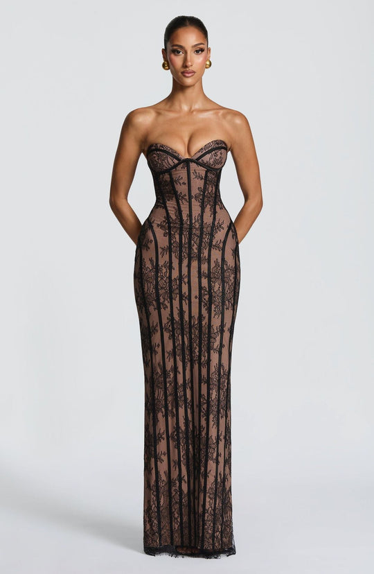 Damen figurbetontes Spitzenkleid mit Bustier-Oberteil und eleganten Details