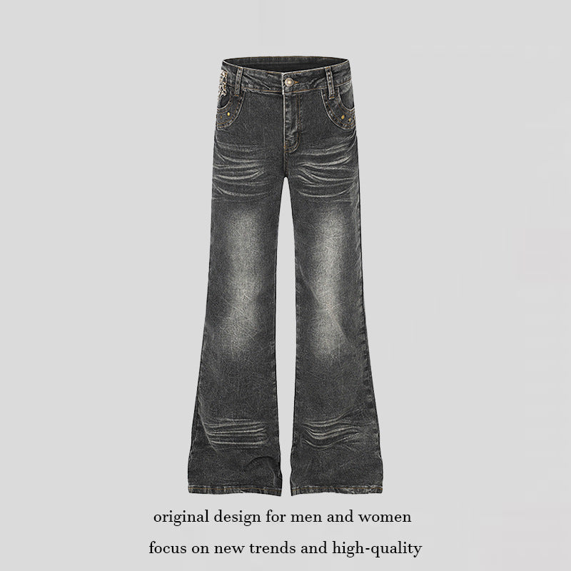 Damen Weite High‑Waist Flared-Jeans mit Vintage‑Used-Effekt und Zierdetails Nord Taschen
